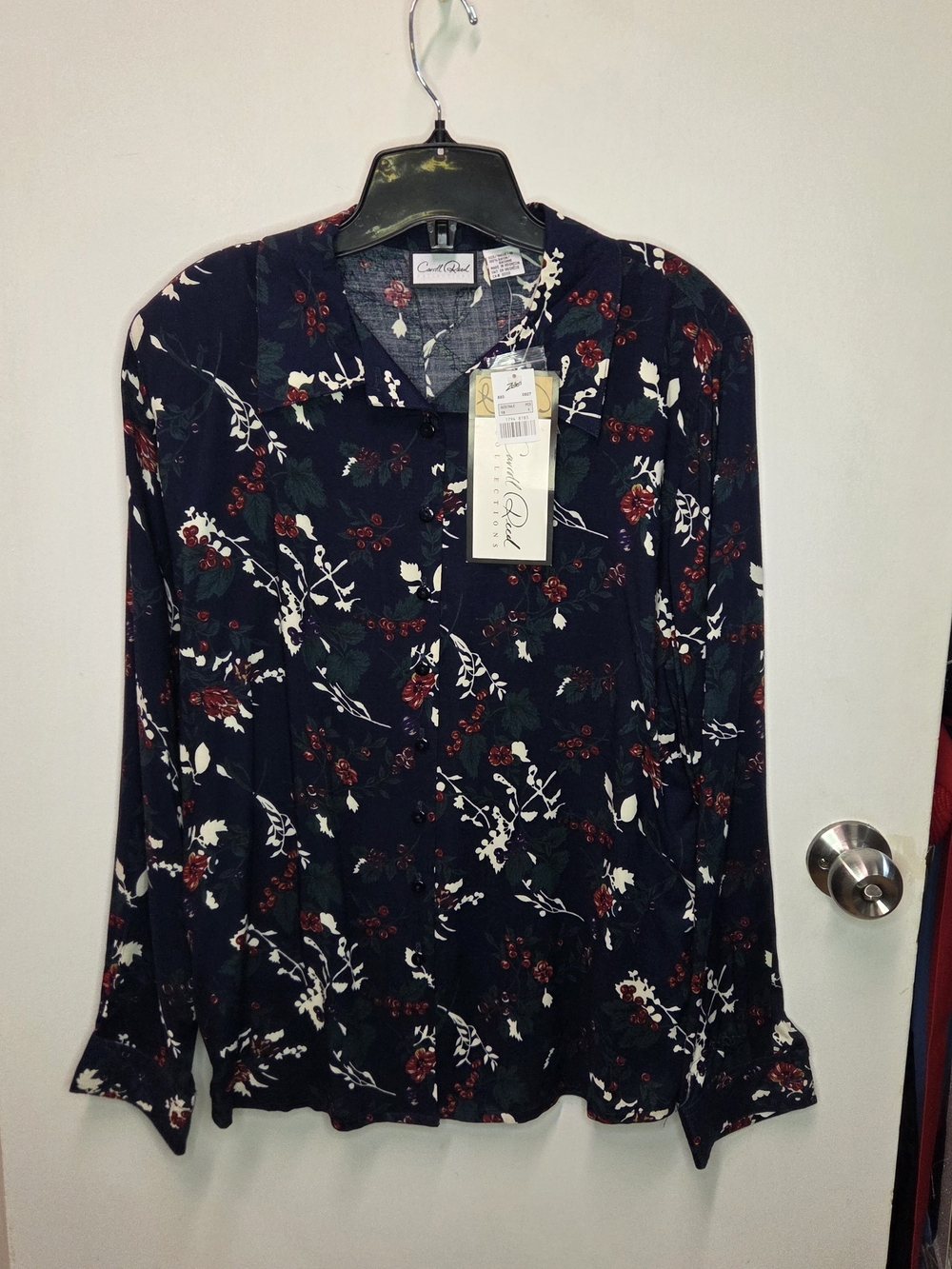 Vintage Deadstock 90s Zellers Carol Rose Navy Floral Long Sleeve Button-Front